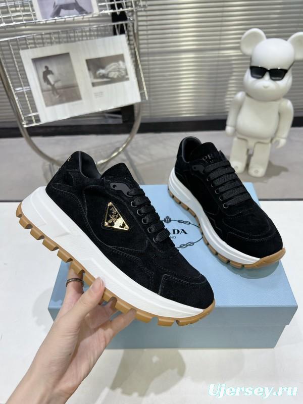 2025 Unisex Prada Black Suede Leather Sneakers KFY00310