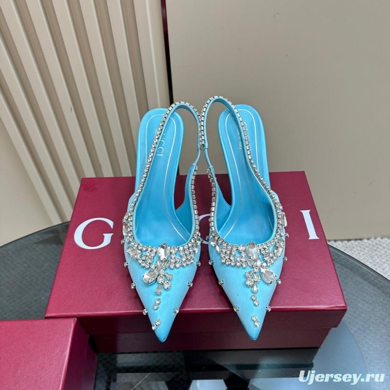 2025 Women Gucci Blue Silk Crystal Embellished Slingback High Heel KFY00340