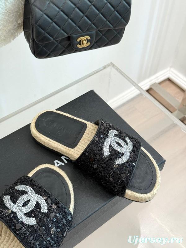 2025 Women Chanel Black Sequin Espadrille Slides Classic Double C Logo Handmade Braided Sole KFY00240(F)