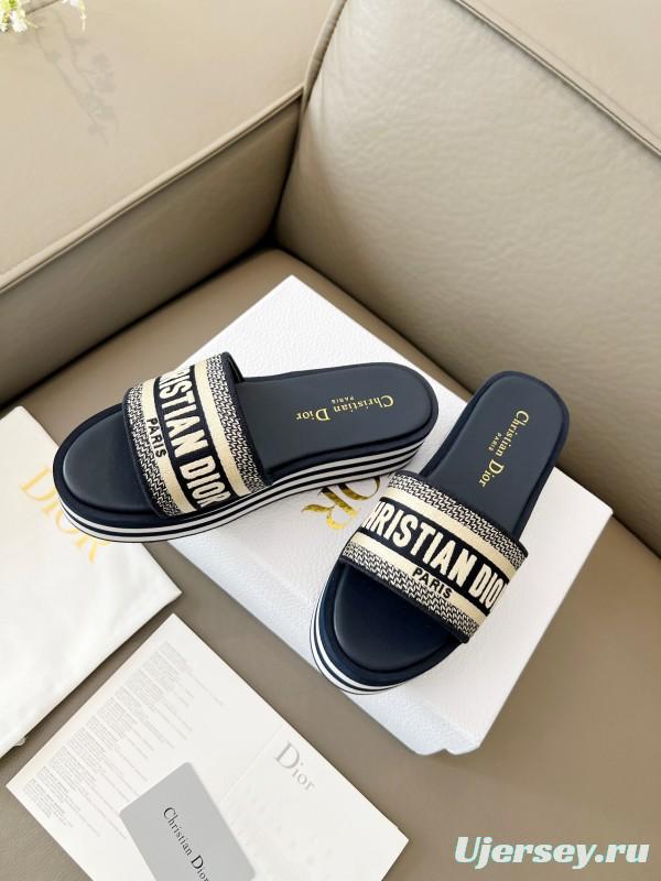 2025 Women Dior Navy White Canvas Platform Slippers LY