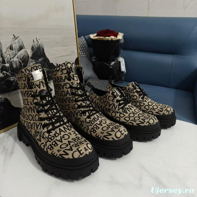 2024 Unisex Dolce & Gabbana Beige Black Leather Platform Boots MJ00360