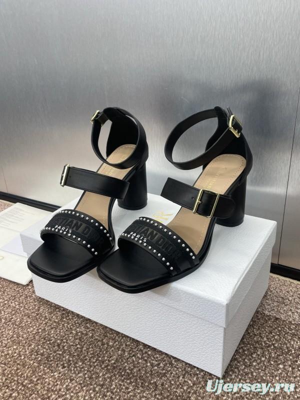 2025 Women Dior Black Leather Sandals Studded KFY00320