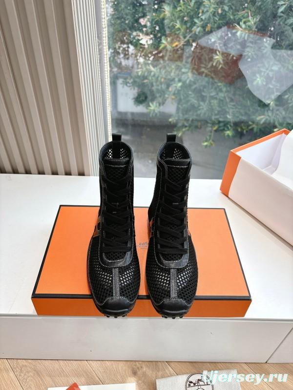 2025 Women Hermès Black Mesh Leather Boots
