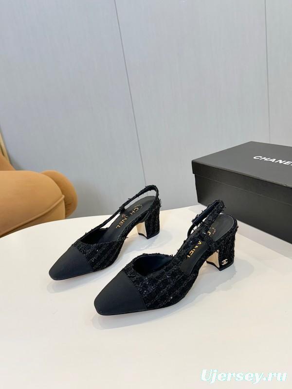 2025 Women Chanel Black Fabric Leather Slingback Heels LY00240