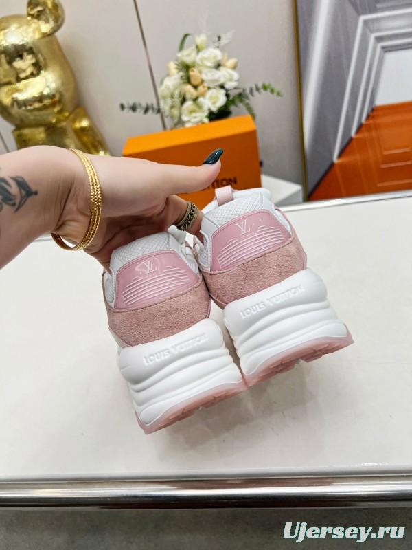 2025 Women Louis Vuitton White Pink Suede Mesh Sneakers LY00340