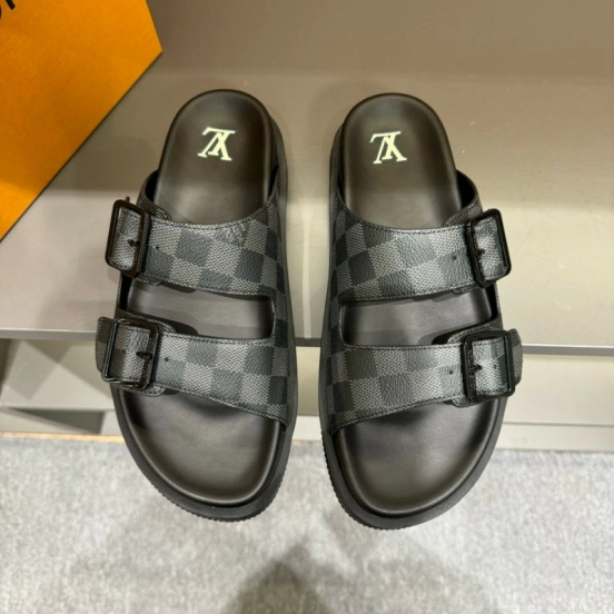 2024 Slippers Louis Vuitton Grey Black Leather Slippers