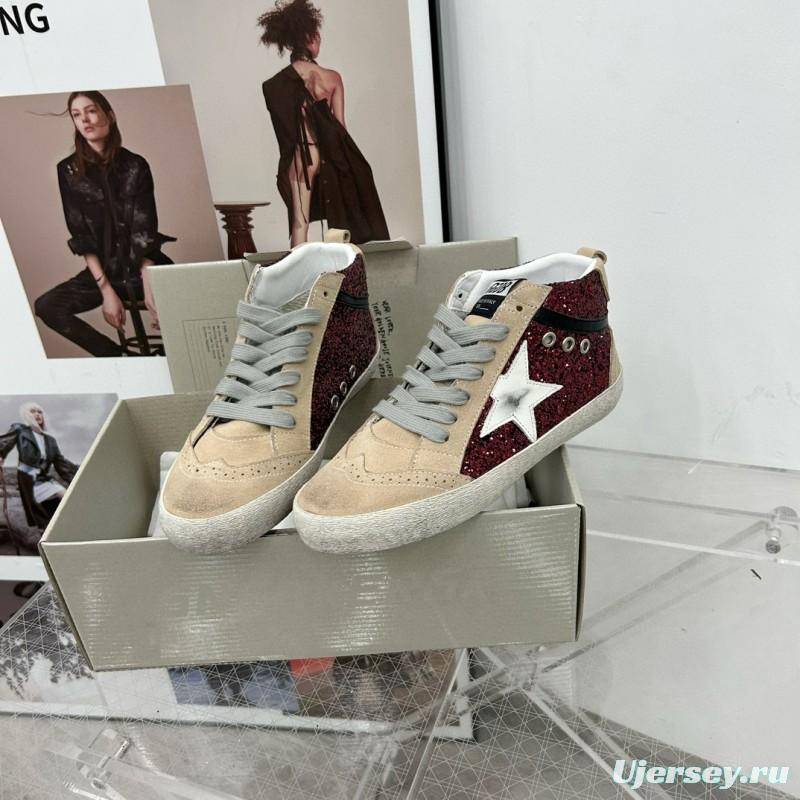 2024 Unisex GGDB Burgundy Beige Glitter Leather High Top Sneakers MJ00300