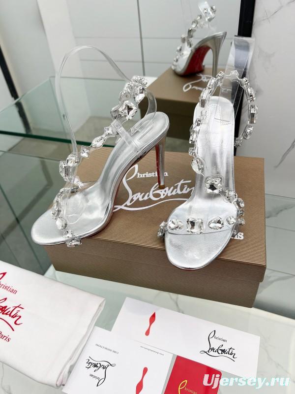 2025 Women Christian Louboutin Silver PVC Crystal High Heel Sandals LY00300