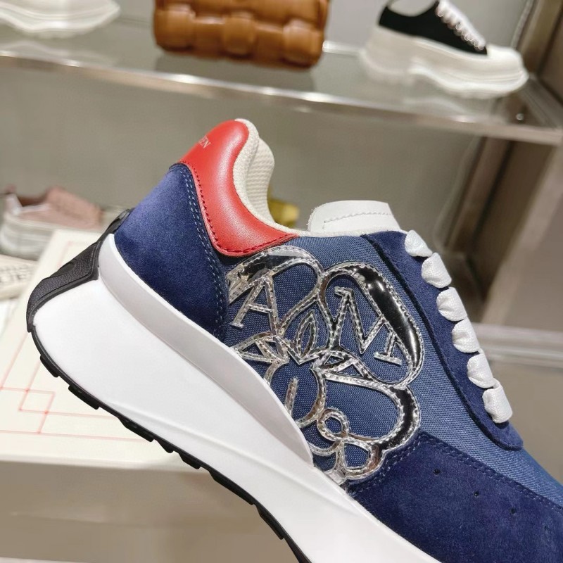 2024 Unisex Alexander McQueen Blue Red Leather Suede Mesh Sneakers MJ00370