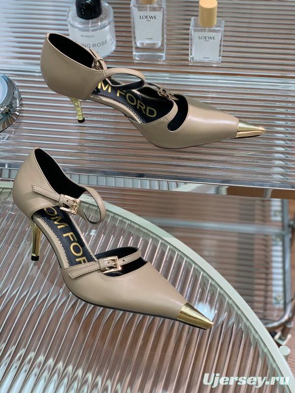 2025 Women TOM FORD Beige Leather Pointed Toe Metal Tip Pumps KFY00320