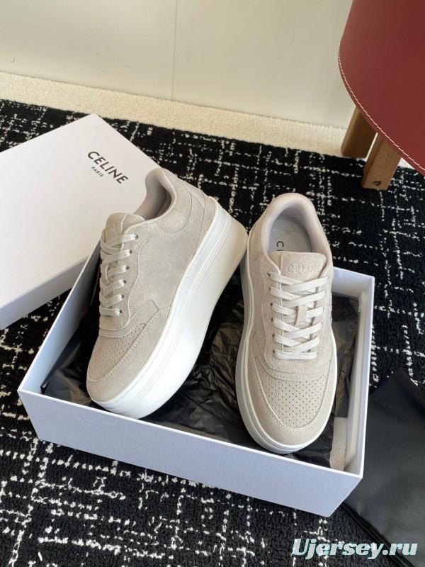 2025 Women Celine Beige Suede Platform Sneakers CELINE Embroidery