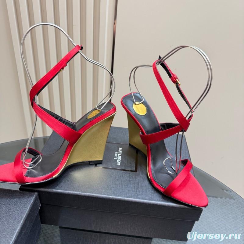 2025 Women Yves Saint Laurent Red Silk Wedge Sandals Elegant Craftsmanship LY00360(F)