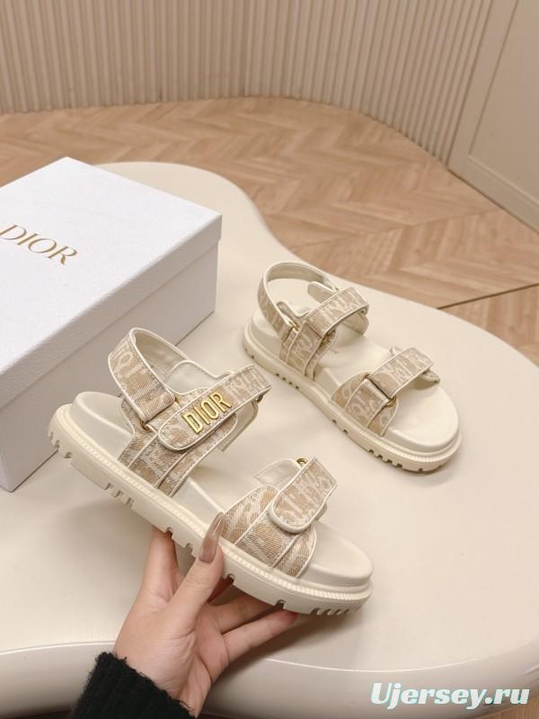 2025 Women Dior Beige Canvas Sandals Magic Tape LY