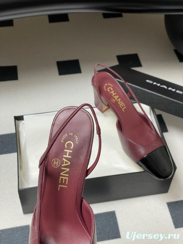 2025 Women Chanel Burgundy Black Leather Sling-back Chunky Heel