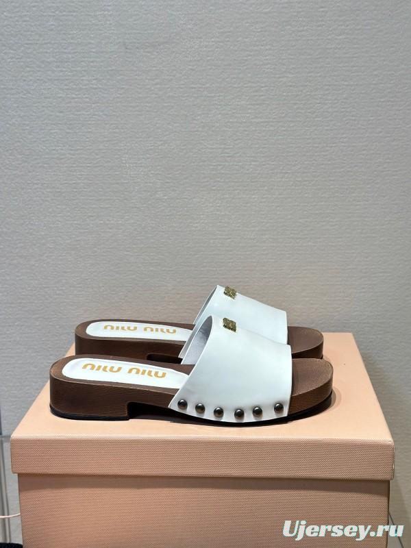 2025 Women Miumiu White Leather Slippers
