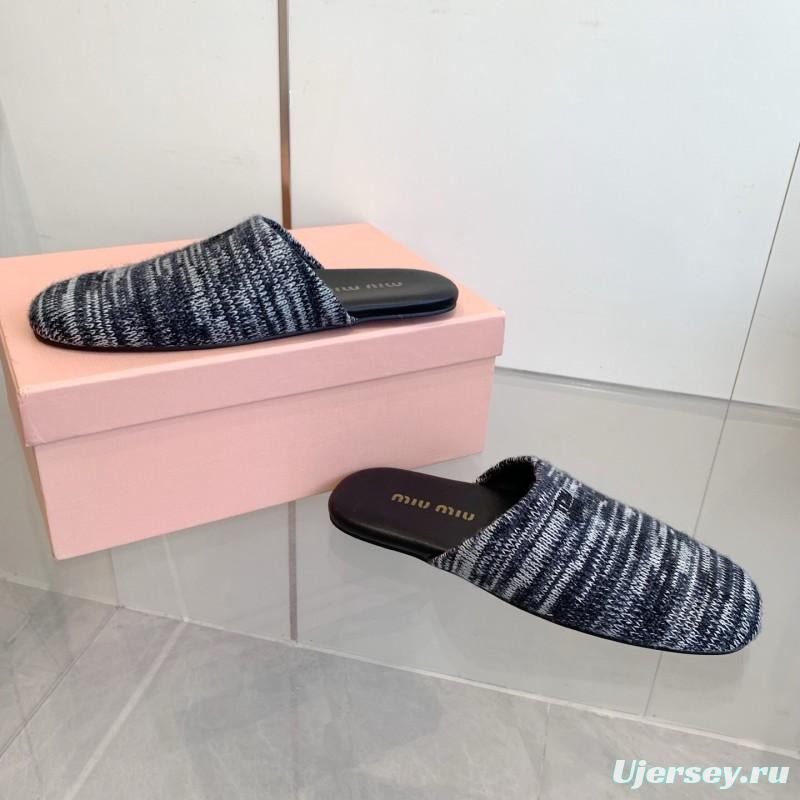 2025 Women Miu Miu Black White Knit Leather Slippers