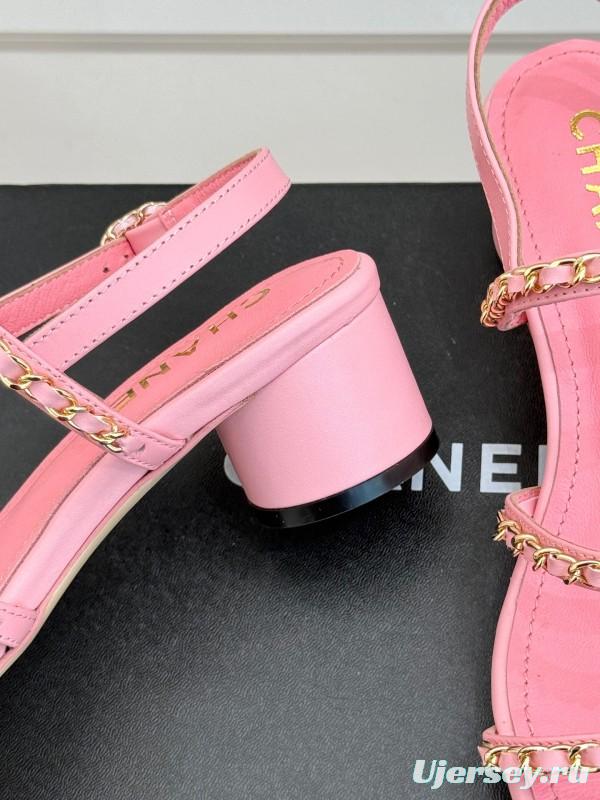 2025 Women Chanel Pink Leather Chain Strap Sandals