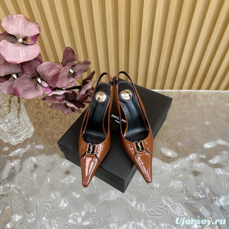 2025 Women Yves Saint Laurent Brown Patent Leather Slingback Heels