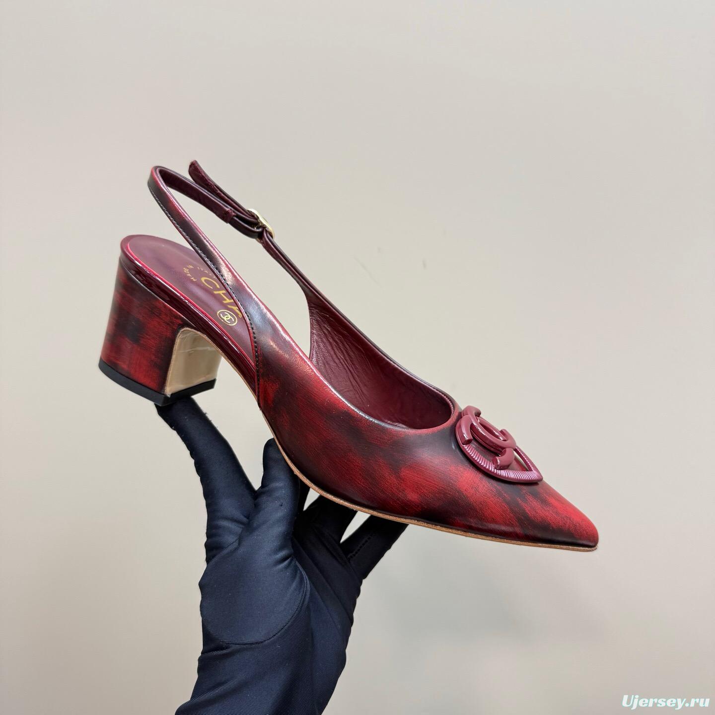 2025 Women Chanel Burgundy Leather Slingback Heels KFY00290