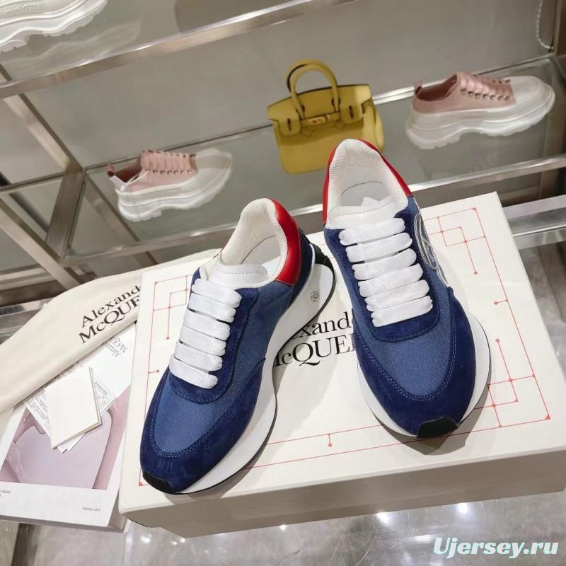2024 Unisex Alexander McQueen Blue Red Leather Suede Mesh Sneakers MJ00370