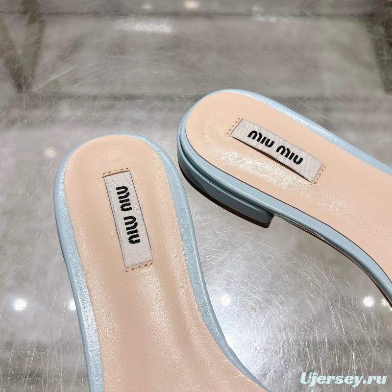 2025 Women Miu Miu Light Blue Leather Slippers