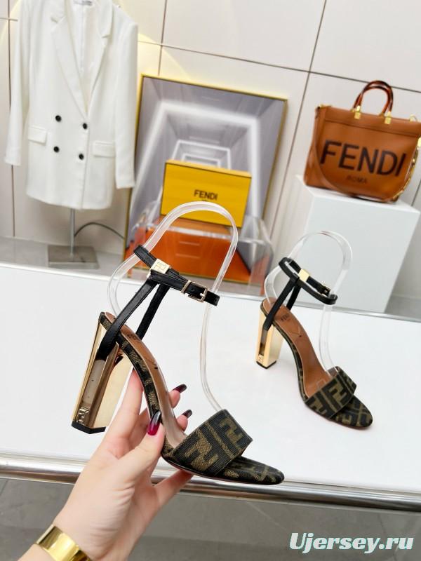 2025 Women Fendi Brown Black Leather Fabric High Heel Sandals