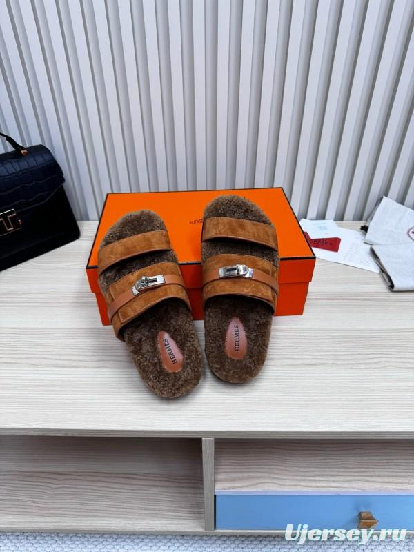 2024 Slippers Hermès Brown Suede Shearling Slippers MJ00300