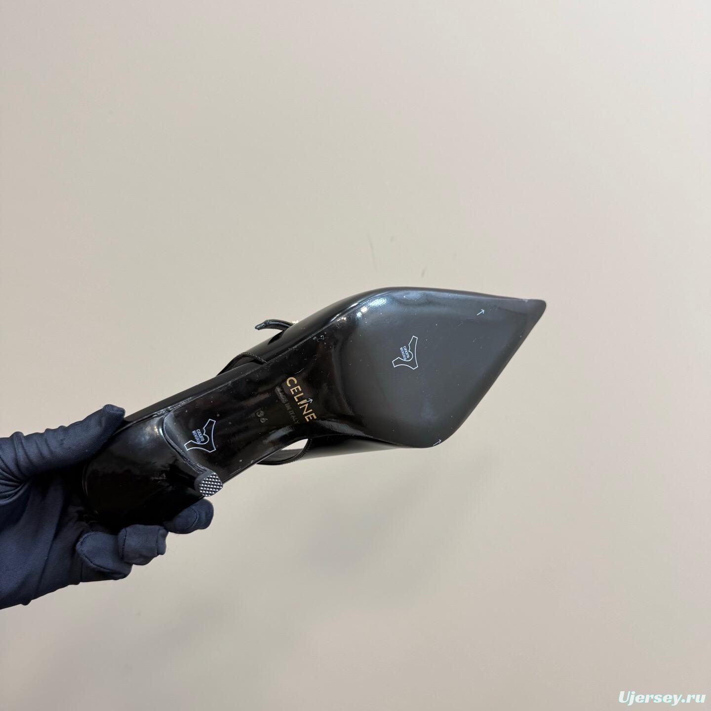 2025 Women Celine Black Patent Leather Slingback Pointed Toe Heels KFY00310