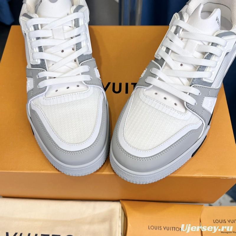 2025 Unisex Louis Vuitton White Grey Leather Mesh LV Trainer