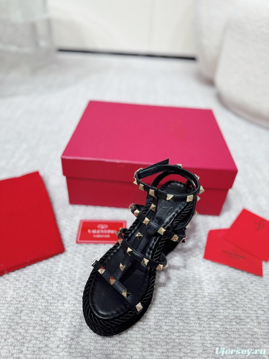 2025 Women Valentino Black Leather Studded Wedge Sandals