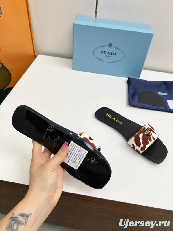 2025 Women Prada Brown White Calf Hair Leather Slippers LY00220