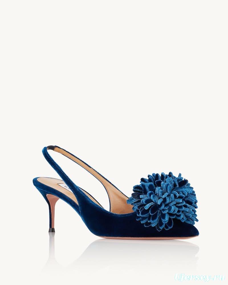 2025 Women Aquazzura Deep Blue Velvet Slingback Pom Pom Pumps KFY00320