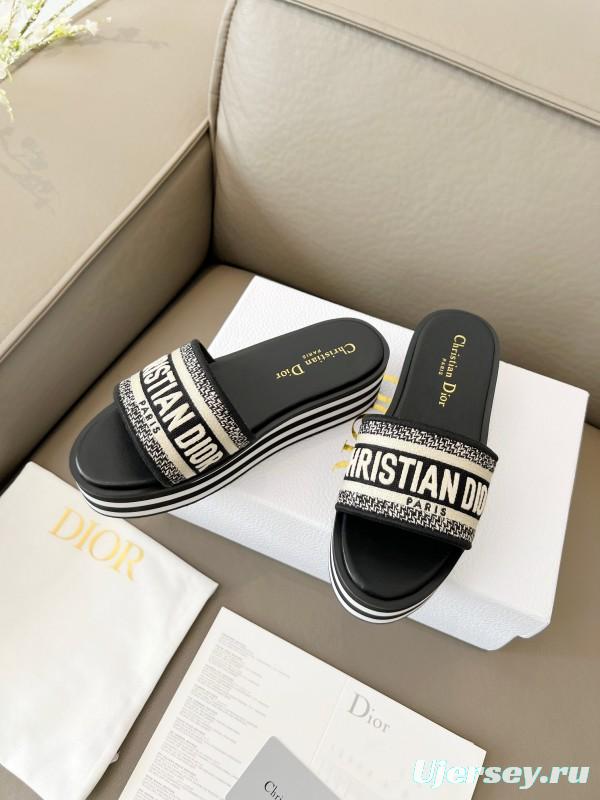 2025 Women Dior Black White Canvas Platform Sandals