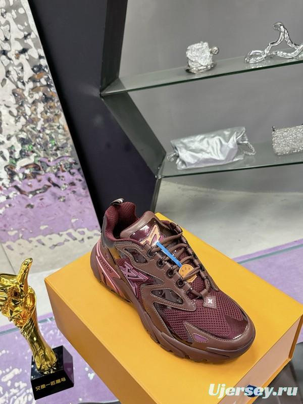 2025 Men Louis Vuitton Brown Mesh Leather Sneakers MJ00420