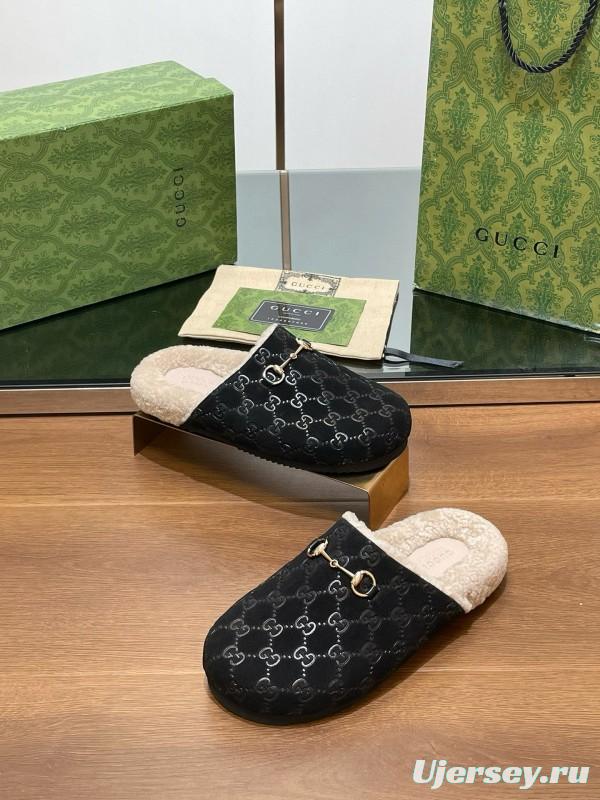 2024 Slippers Gucci Black Shearling GG Pattern