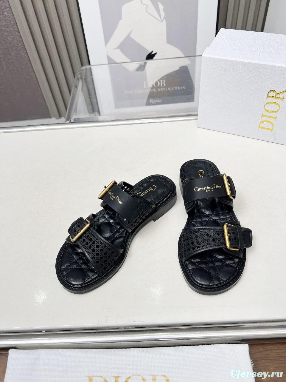 2025 Women Dior Black Leather Slippers