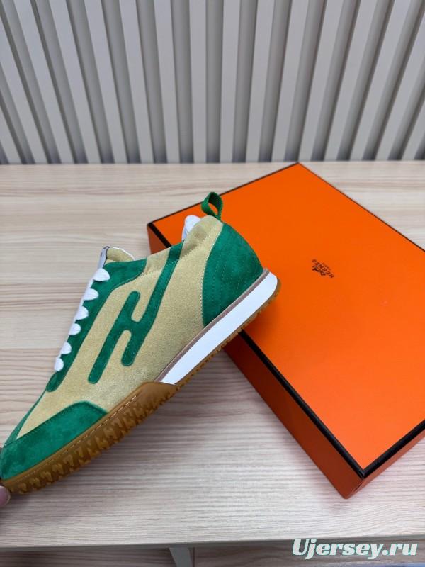 2025 Unisex Hermès Green Beige Suede Down Fabric Sneakers Top Version KFY00300