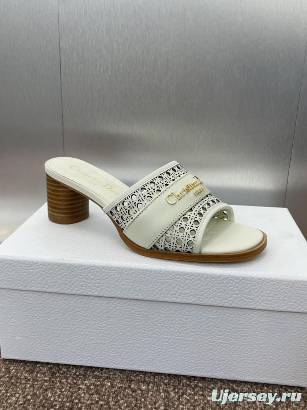 2025 Women Dior White Leather Sandals CD Pattern Low Heel KFY00310