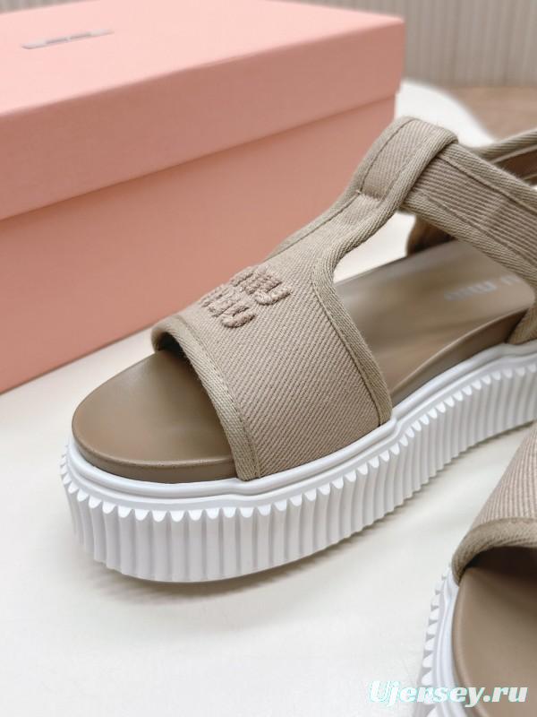 2025 Women Miu Miu Beige Canvas Sandals Buckle LY00360