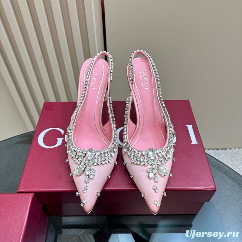 2025 Women Gucci Pink Silk Slingback High Heel Crystal MJ00340
