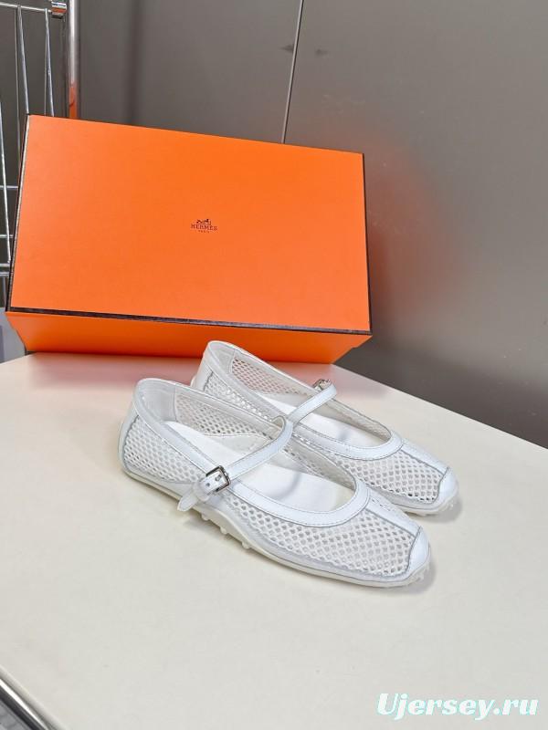 2025 Women Hermès White Leather Mesh Mary Jane KFY00250