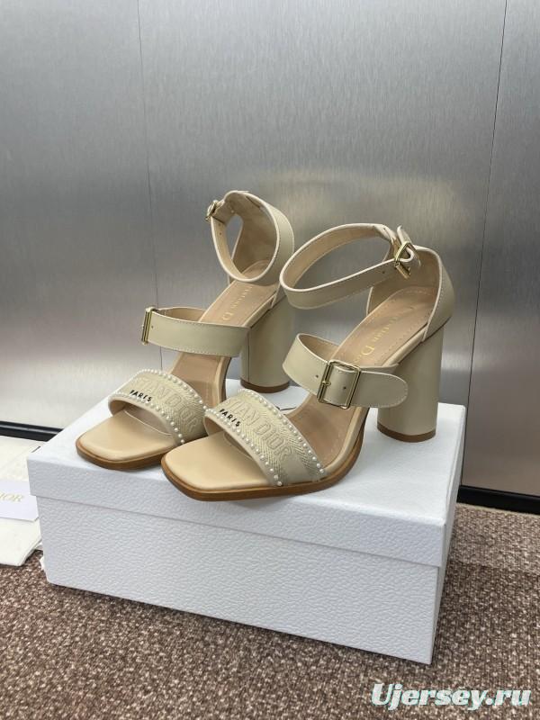 2025 Women Dior Beige Calf Leather Sheepskin Pearl Embroidered High Heel Sandals KFY00320