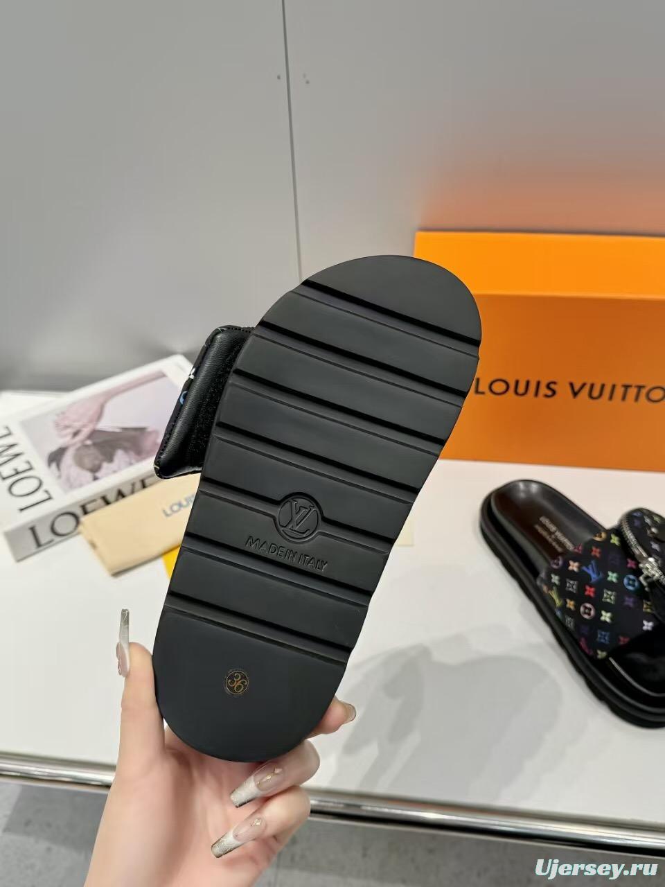 2025 Women Louis Vuitton Black Colorful Canvas Slippers Monogram KFY00230