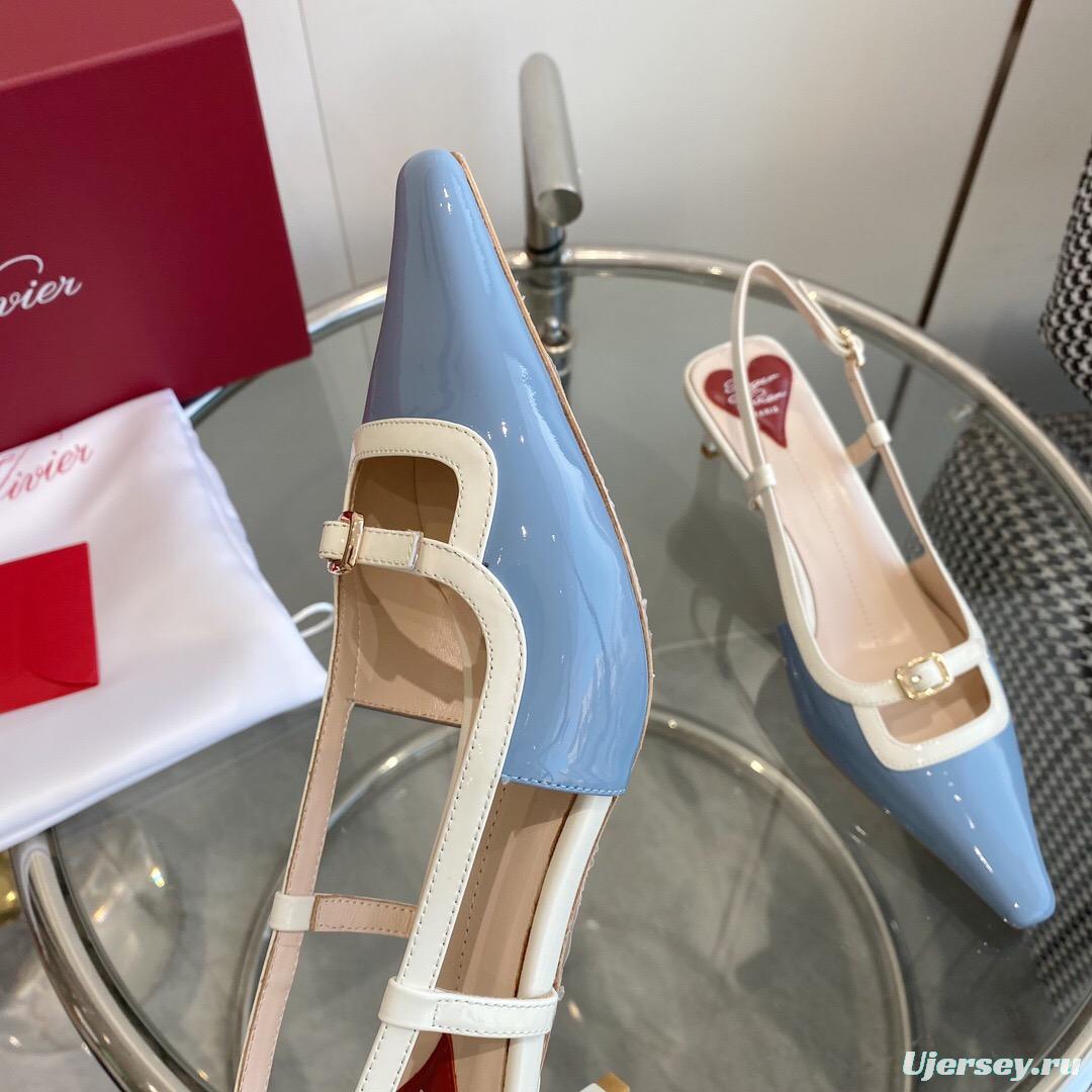 2025 Women Roger Vivier Blue White Patent Leather Slingback Pumps KFY00340