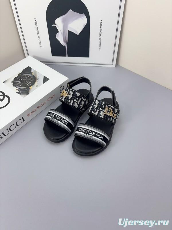 2025 Kids Dior Gray Black Canvas Leather Sandals