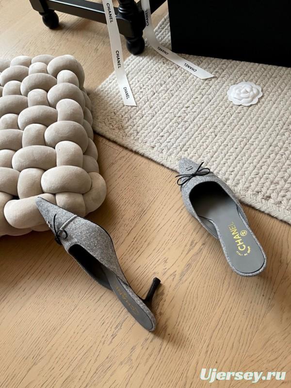 2025 Women Chanel Grey Fabric Pointed Toe Mules KFY00290