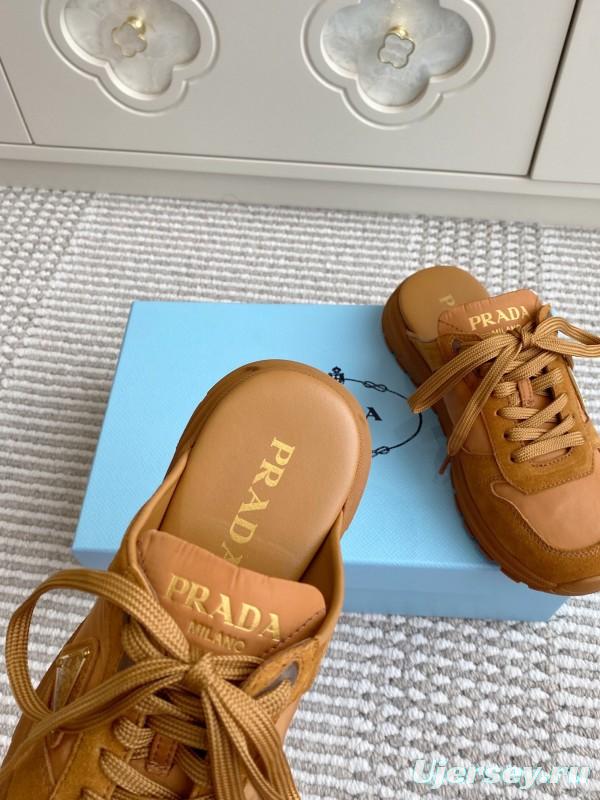 2025 Women Prada Brown Leather Suede Sneakers