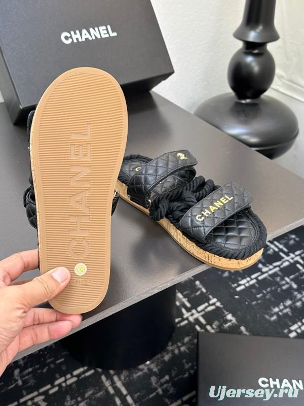 2025 Slippers Chanel Black Leather Cork Sole Sandal LY00250