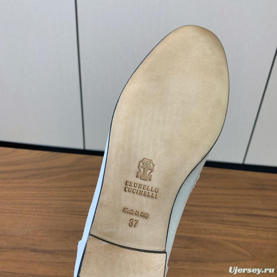 2025 Women Brunello Cucinelli White Suede Loafers Handcrafted Bead Chain Detail LY00360 (F)