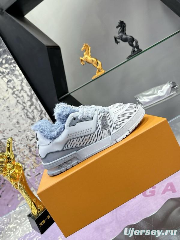 2024 Women Louis Vuitton White Grey Leather Fur Sneakers